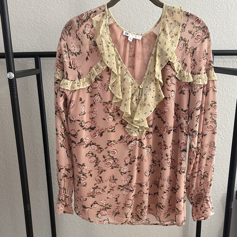 DR2 Romantic Rose Print Blouse with Cream Ruffles